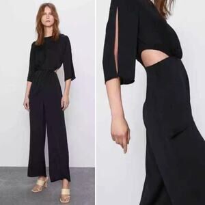 Zara Womens One Piece Black Size Small Cut Out Draped 3/4 Slit Sleeve Jumpsuit